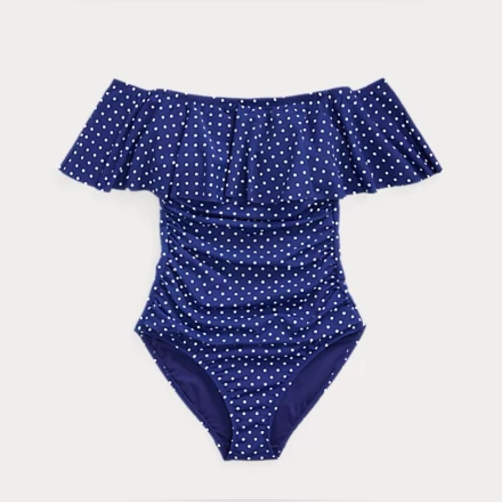 Lauren Ralph Lauren Polka-Dot Off-the-Shoulder One-Piece Sz  10 and 14 available